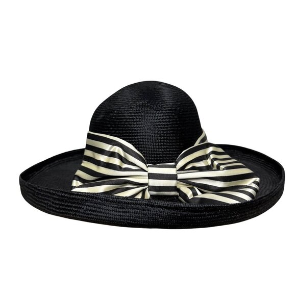 Black Womens Woven Straw Hat With Striped Ribbon & Bow Detail Elegant Wide Brim - Picture 1 of 6